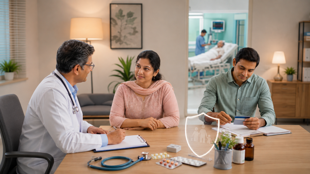 Indian family reviewing OPD coverage benefits at home