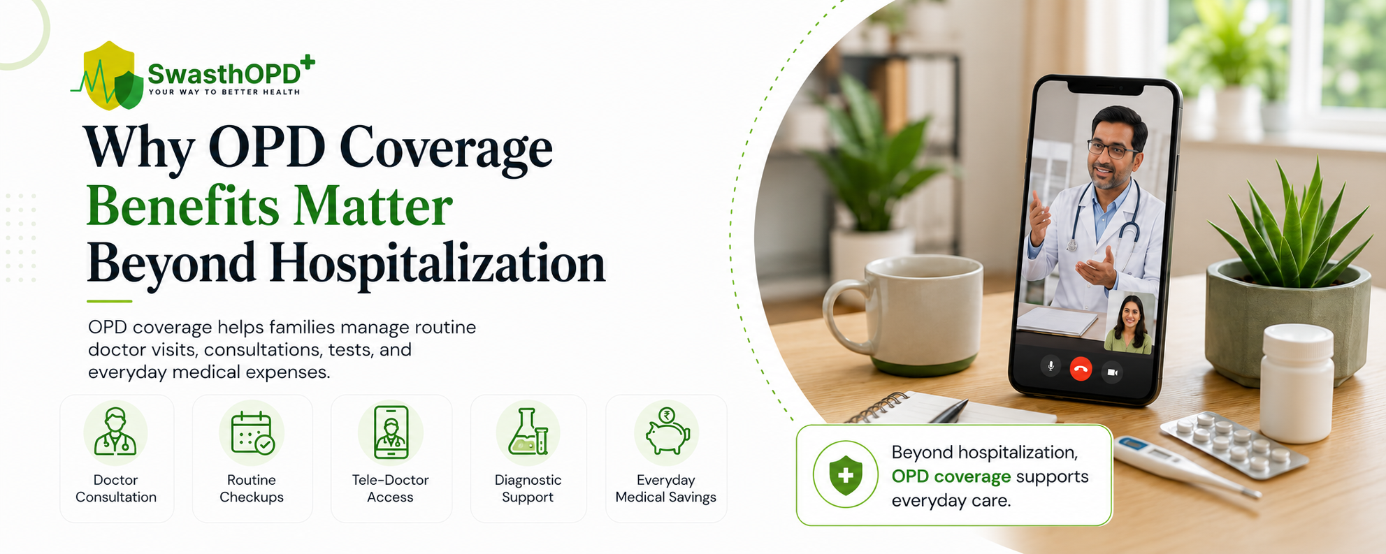 SwasthOPD healthcare banner highlighting OPD coverage benefits, with icons for doctor consultations, routine checkups, telemedicine, diagnostic support and medical savings, alongside a smartphone video consultation with a doctor.