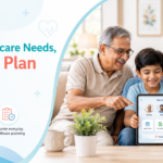 Multi-generational Indian family smiling together at home while a child holds a tablet displaying a family healthcare plan, alongside the message “One Family, Different Healthcare Needs, One Smart Plan.