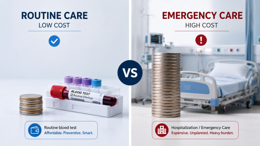 Cost comparison showing why regular health checkups save money over hospital bills