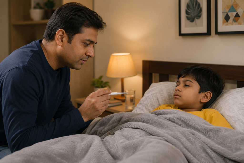 Parent managing a small health problem at home before it grows costly
