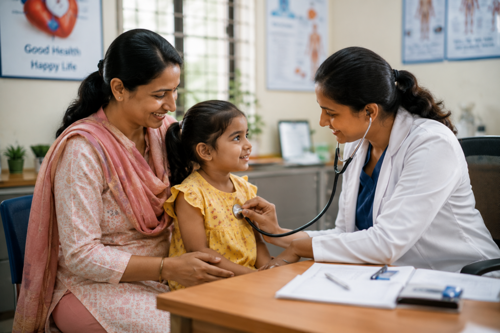 OPD doctor visits with family at clinic