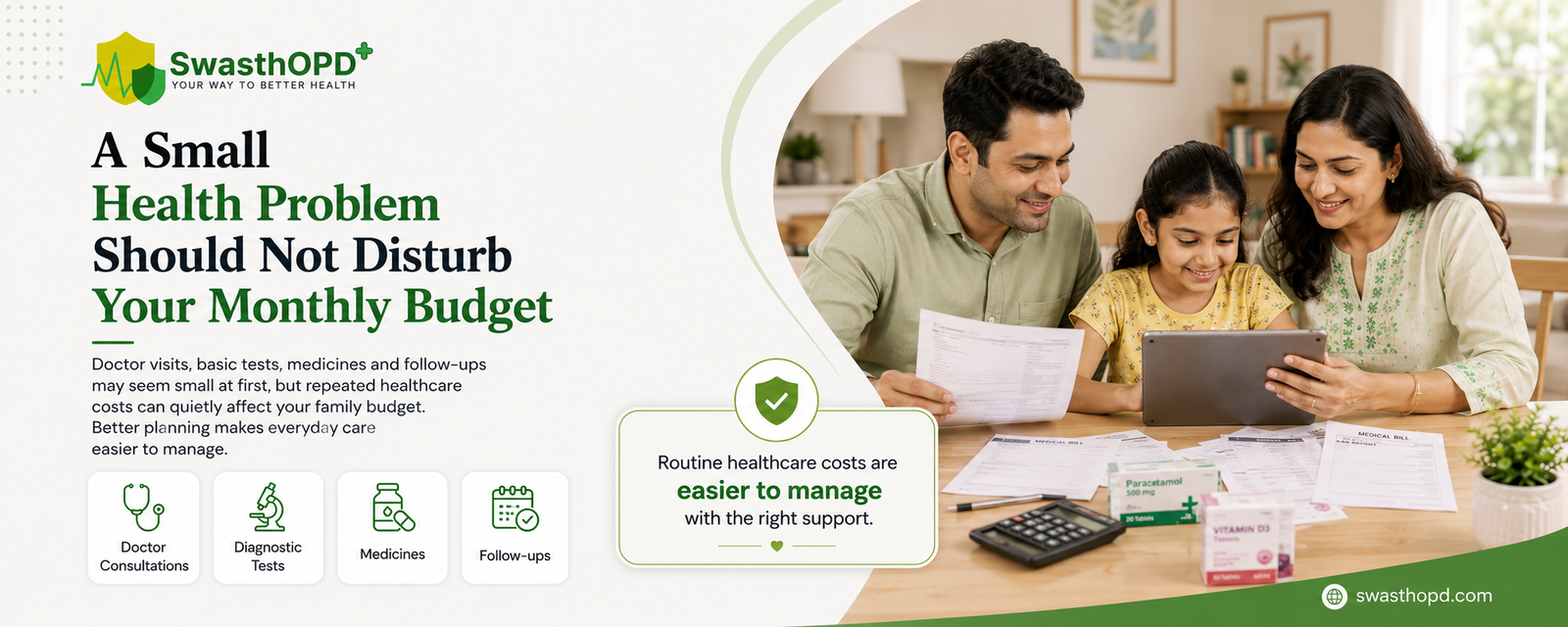 Indian family reviewing medical bills and routine healthcare expenses together at home.