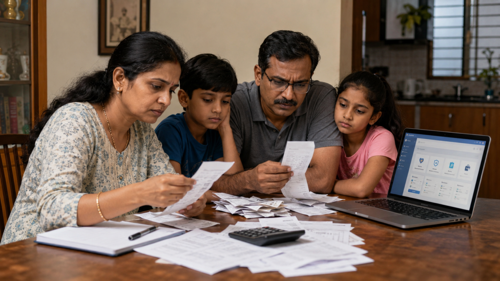 "Indian family reviewing daily medical needs and healthcare bills at home"