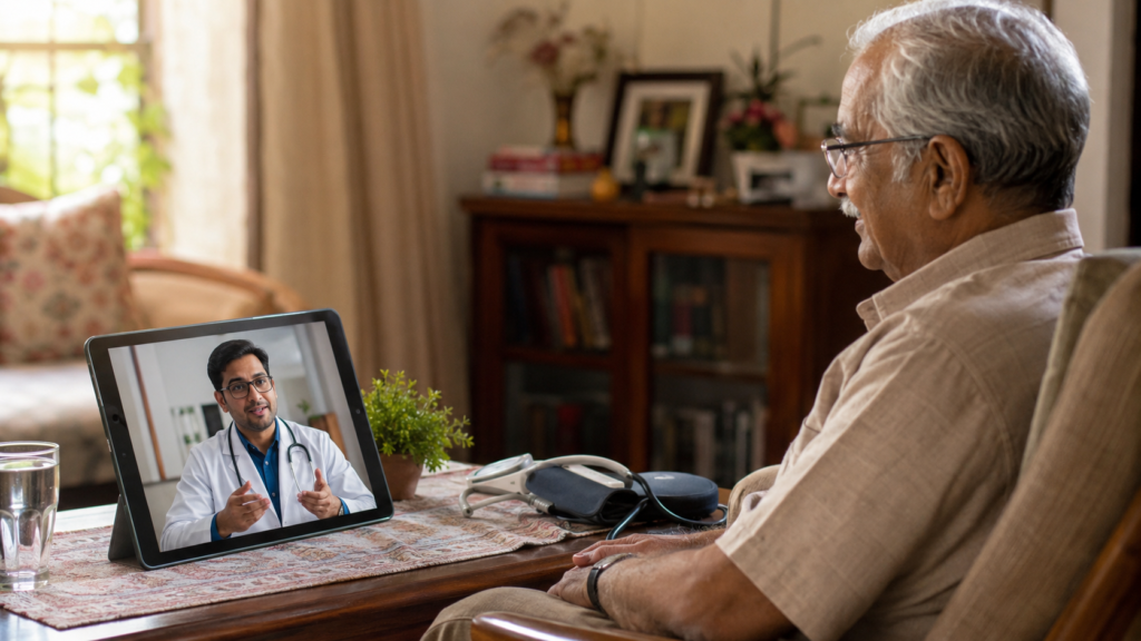  "Tele-consultation helping cover daily medical needs for elderly patient in India"