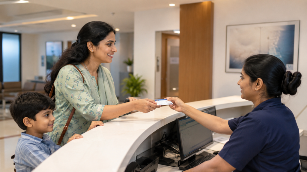 Indian mother using a cashless health card at clinic reception while her child waits calmly beside her.