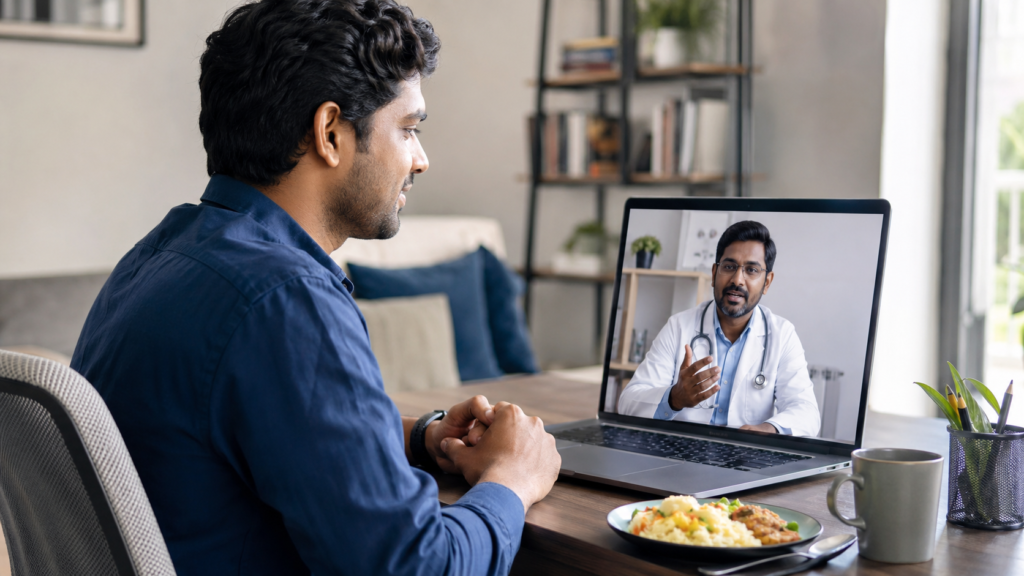 Indian professional using tele-consultation with a doctor on laptop from home during lunch break.