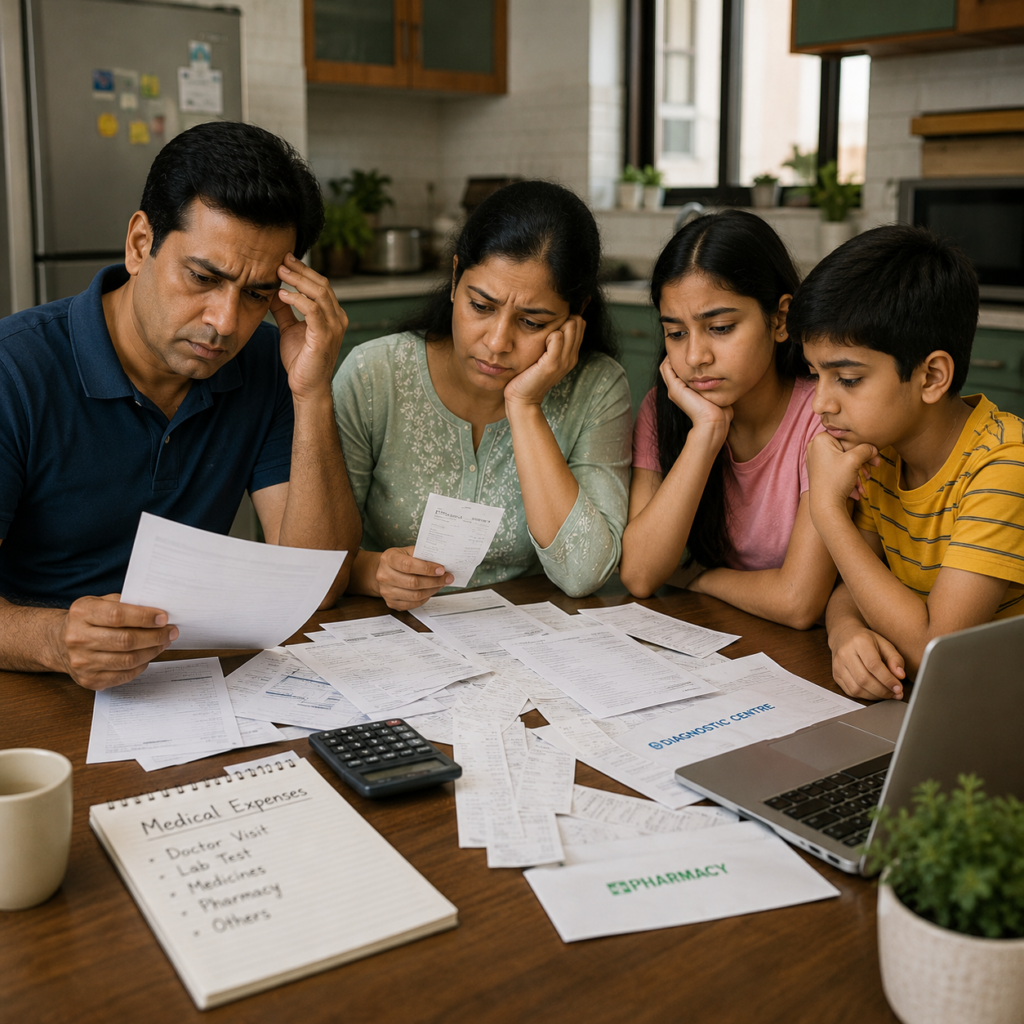 "Indian family reviewing medical bills highlighting need for OPD health coverage"