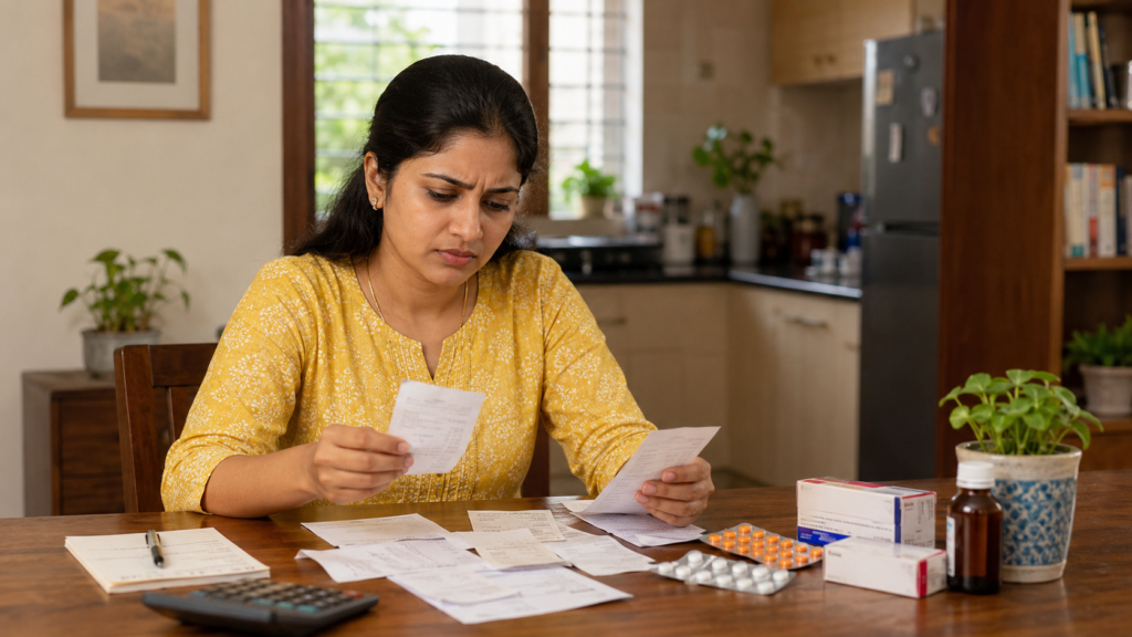 Woman tracking small healthcare expenses from separate medical bills"