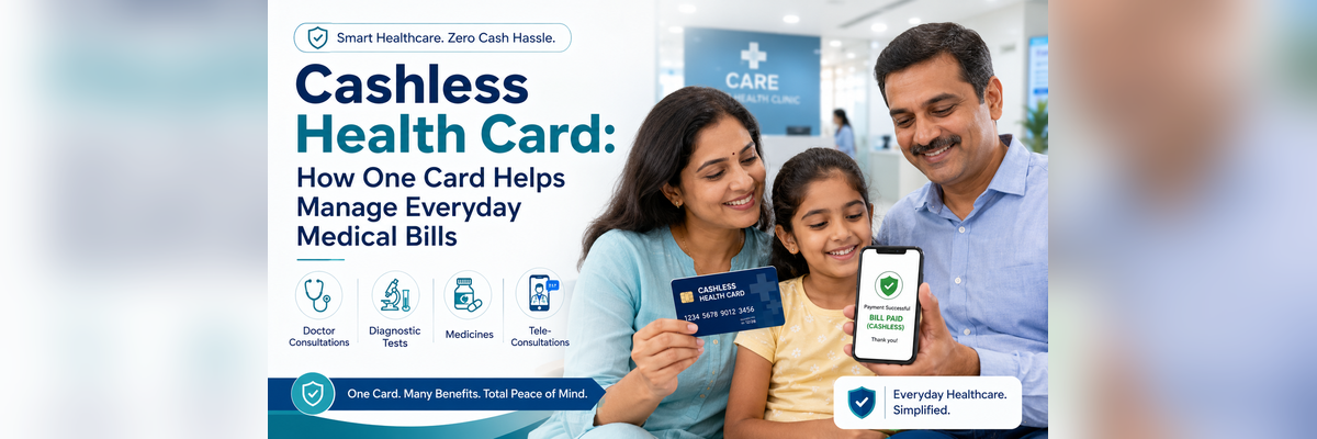 SwasthOPD cashless health card helping an Indian family manage doctor consultations, diagnostic tests, medicines and teleconsultations with cashless payment.
