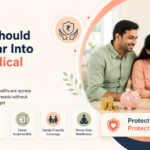 SwasthOPD graphic showing a family consulting a doctor about preventive OPD care and managing monthly medical expenses.