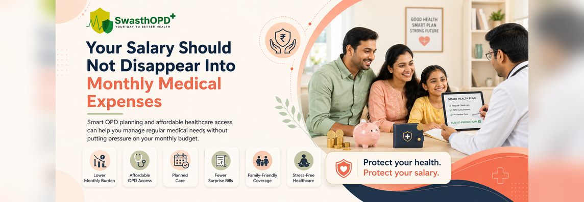 SwasthOPD graphic showing a family consulting a doctor about preventive OPD care and managing monthly medical expenses.