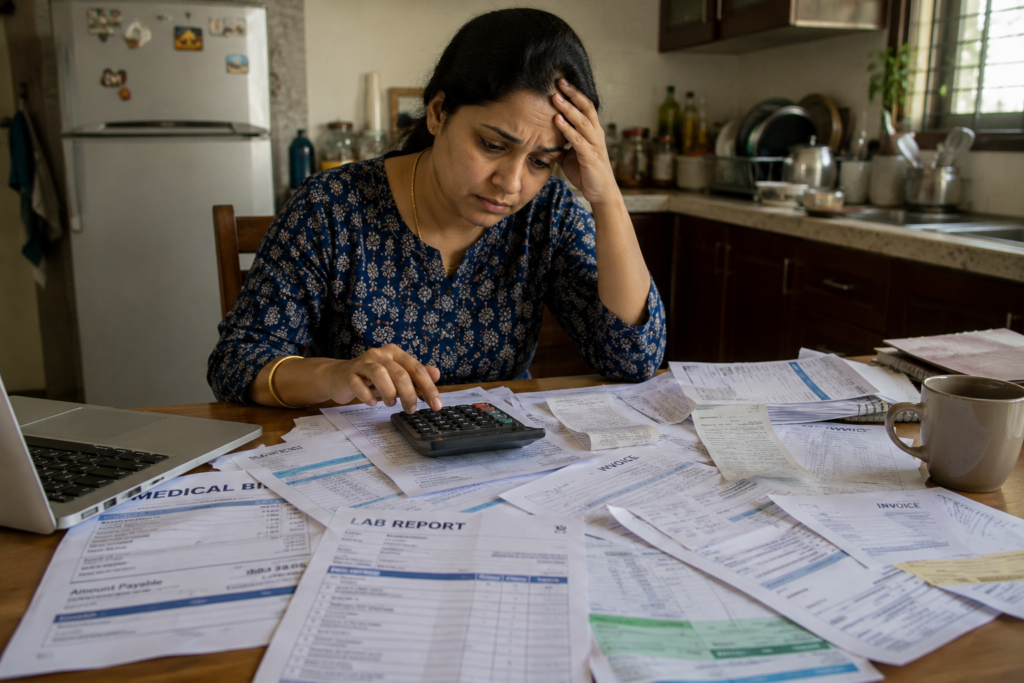 Family reviewing recurring healthcare expenses and duplicate medical bills