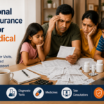 Indian family reviewing medical bills and health insurance policy details at home for daily medical needs, OPD care, doctor visits, tests, and medicines.