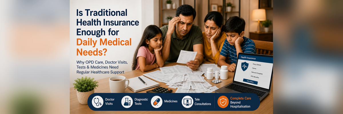 Indian family reviewing medical bills and health insurance policy details at home for daily medical needs, OPD care, doctor visits, tests, and medicines.