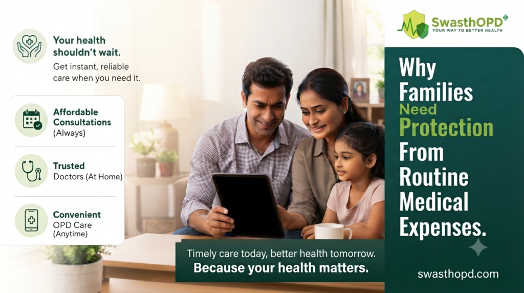 Indian family looking at a tablet together, promoting SwasthOPD protection from routine medical expenses